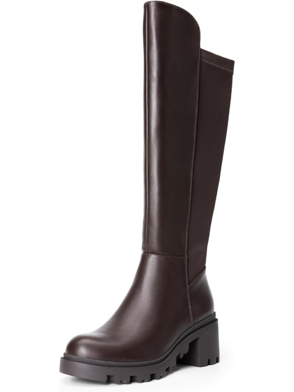 DREAM PAIRS Women's Brown-pu Knee High Platform Chunky Boots Round Toe Side Zip